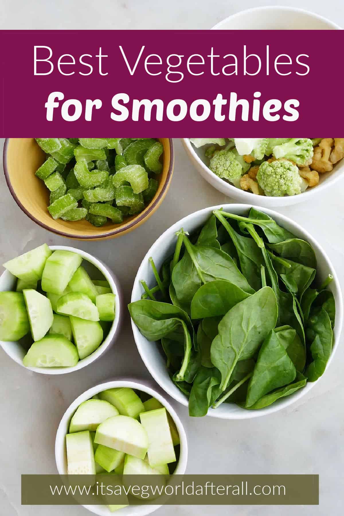 vegetables for smoothies in bowls on a counter under text boxes with post name and website