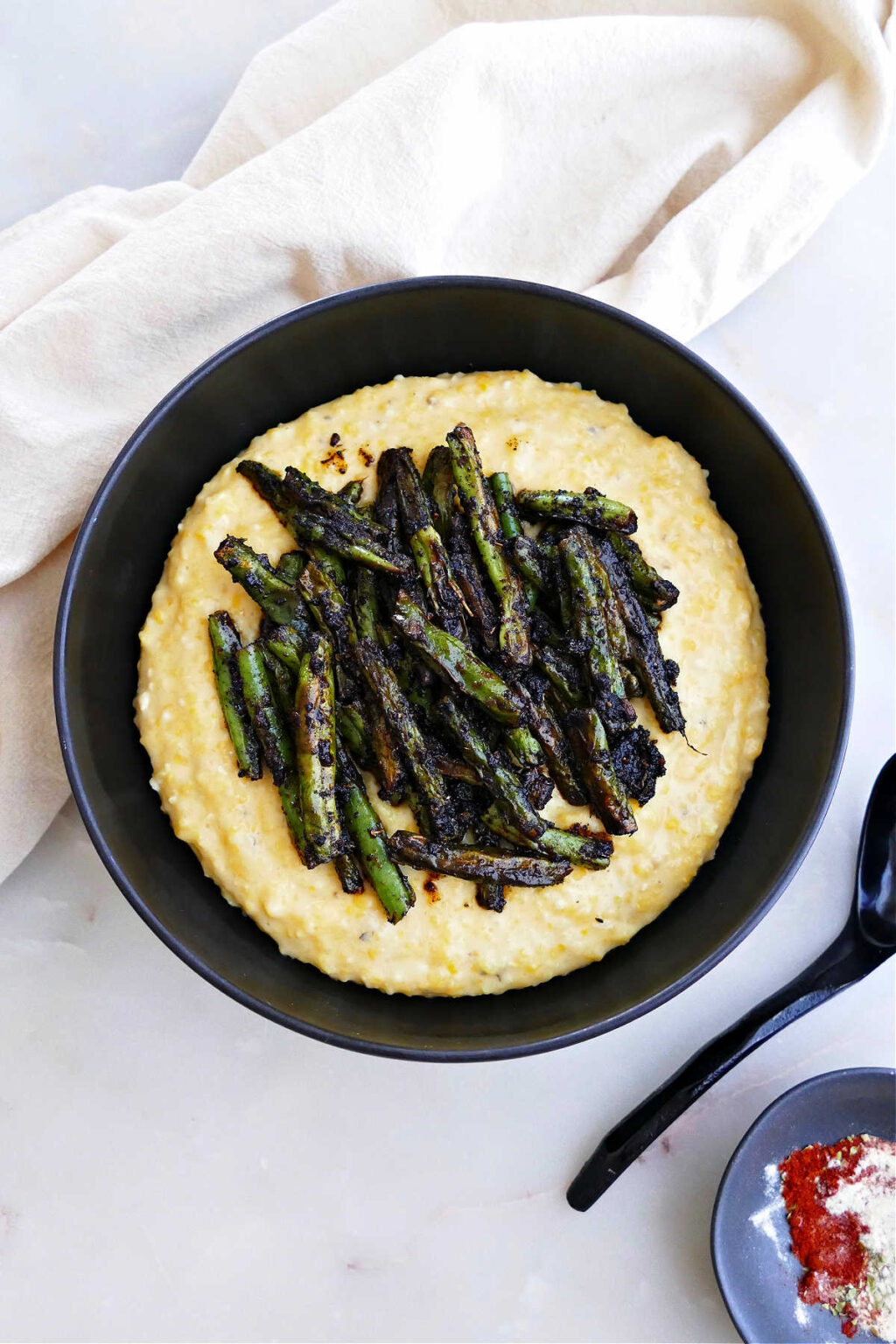 Blackened Green Beans and Grits It's a Veg World After All®