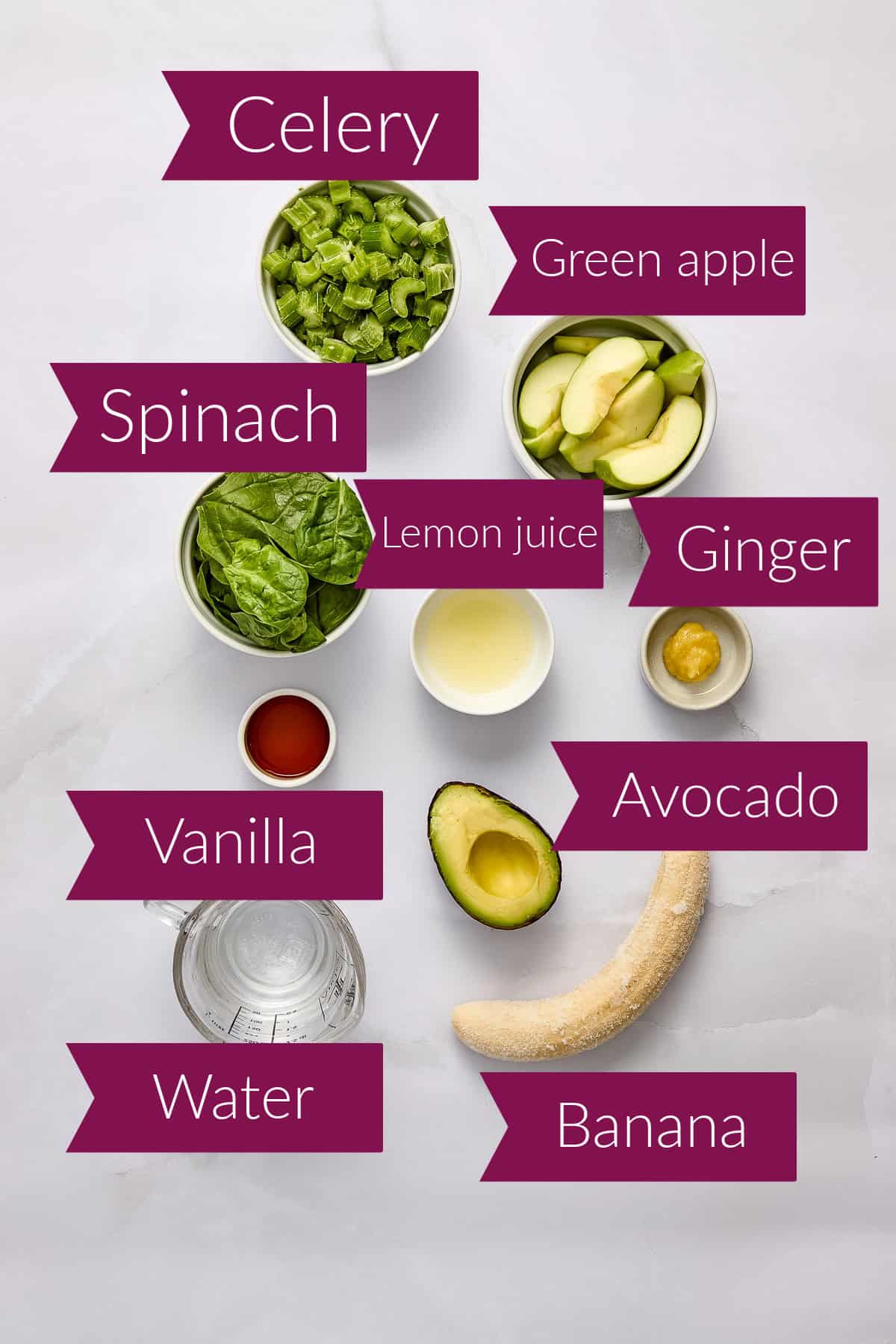 Celery, green apple, spinach, lemon juice, ginger, vanilla, avocado, water, and banana with labels.