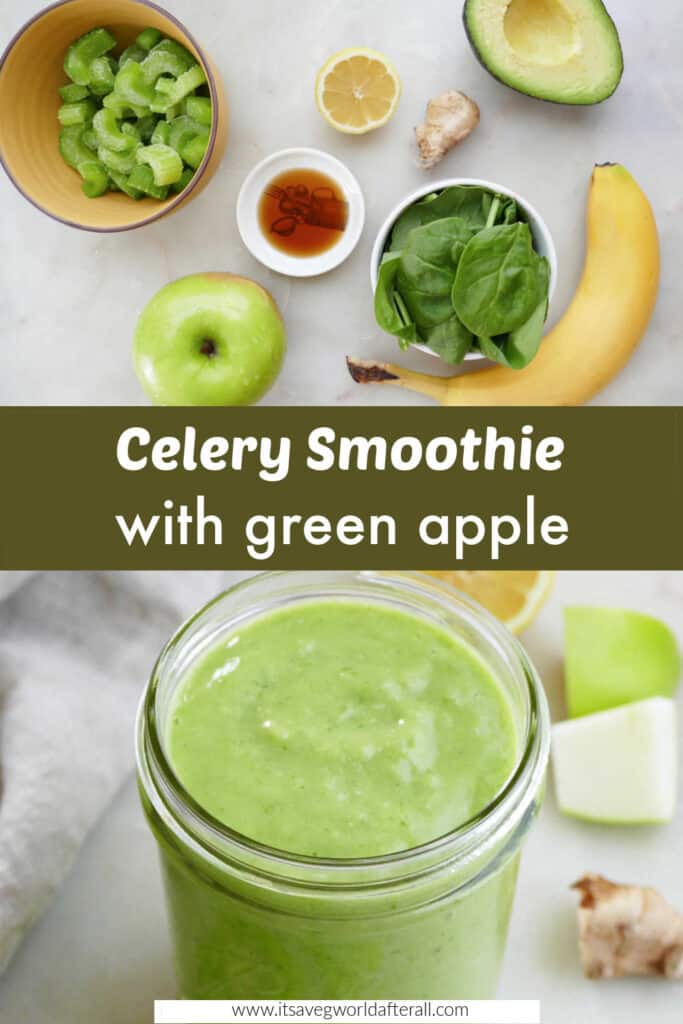 image of ingredients and finished celery smoothie separated by text box with recipe title