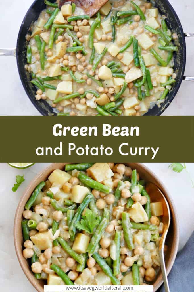 images of green bean curry separated by green text box with recipe and website name