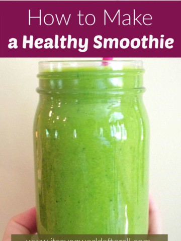image of a hand holding up a green smoothie with text boxes for post name and website