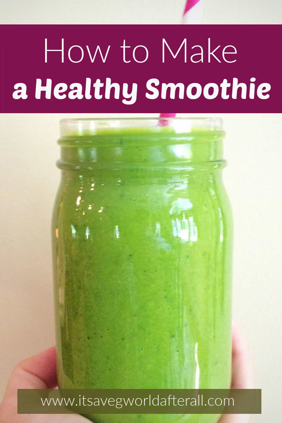 image of a hand holding up a green smoothie with text boxes for post name and website