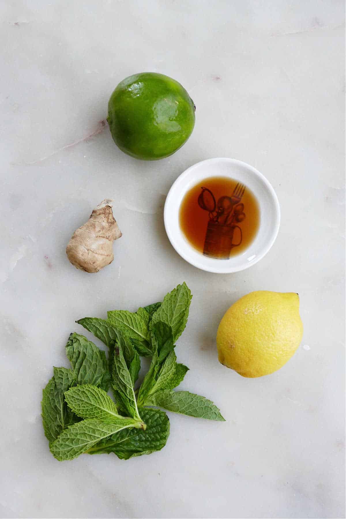 lime, lemon, vanilla, ginger, and mint leaves spread out on a counter