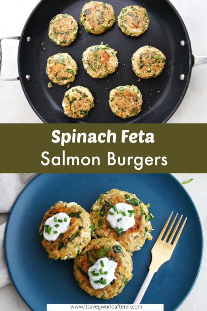 salmon burgers cooking and on a serving plate separated by a text box