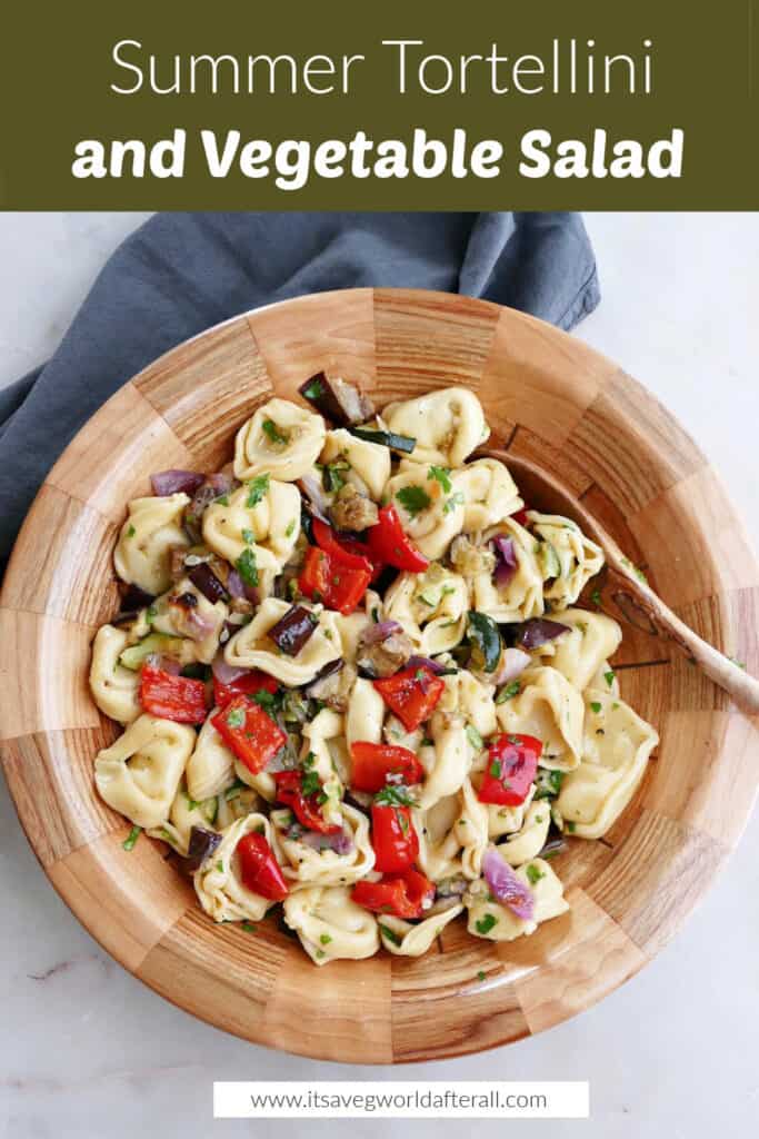 summer tortellini salad in a serving bowl under text box with recipe information