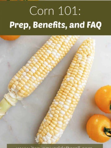 image of corn and tomatoes on a counter with text boxes over the image