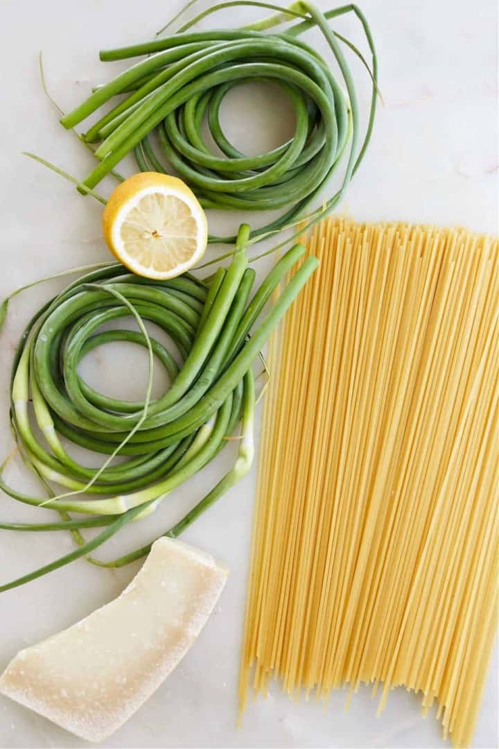 Lemon Garlic Scape Pasta It's a Veg World After All®