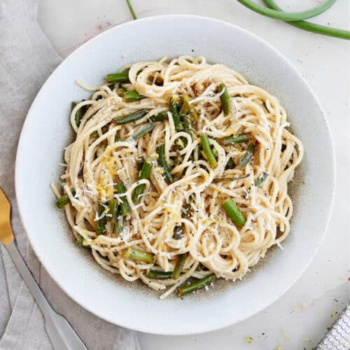 Lemon Garlic Scape Pasta - It's a Veg World After All®