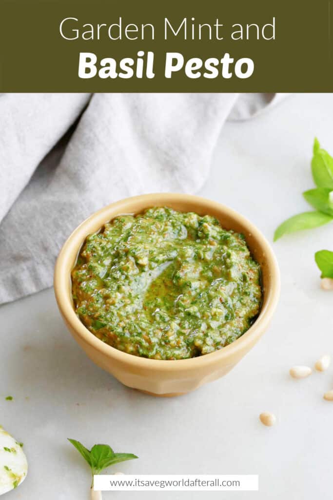 mint basil pesto in a small bowl under text box with recipe name