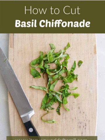 basil chiffonade on a cutting board with a knife and a green text box with post title