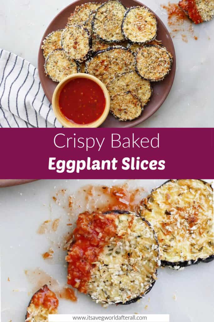 baked eggplant slices with tomato sauce separated by a text box with recipe name