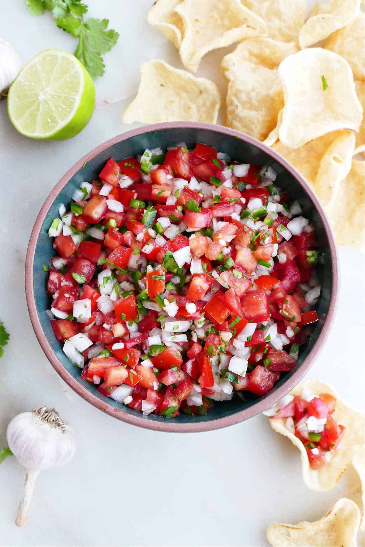 fresh garden salsa in a serving bowl surrounded by tortilla chips and ingredients