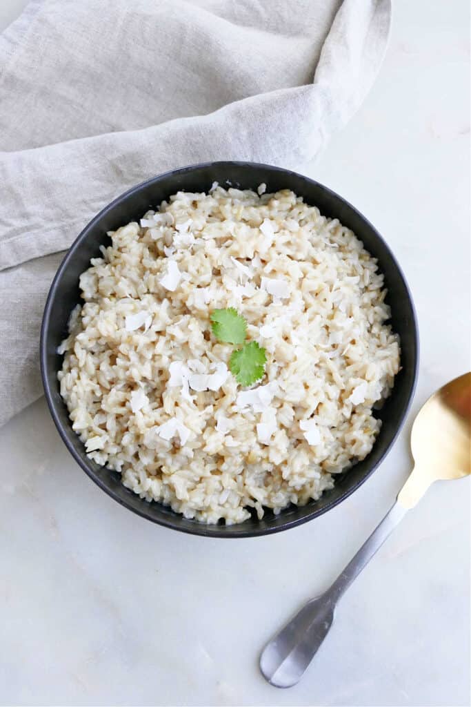 Instant Pot coconut brown rice topped with cilantro and coconut flakes in a serving bowl