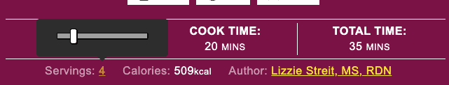 screenshot of the website's recipe card showing how to toggle serving size for recipes