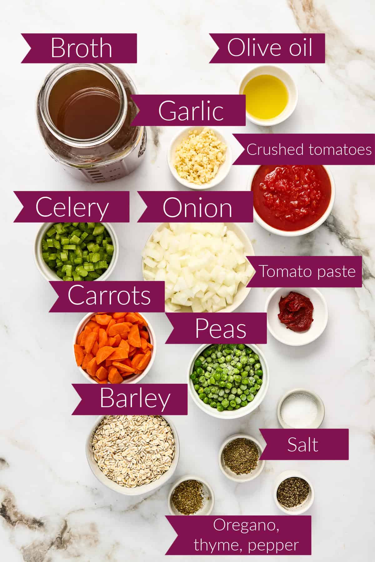 Broth, garlic, oil, tomatoes, celery, onion, carrots, peas, tomato paste, barley, and spices with labels.