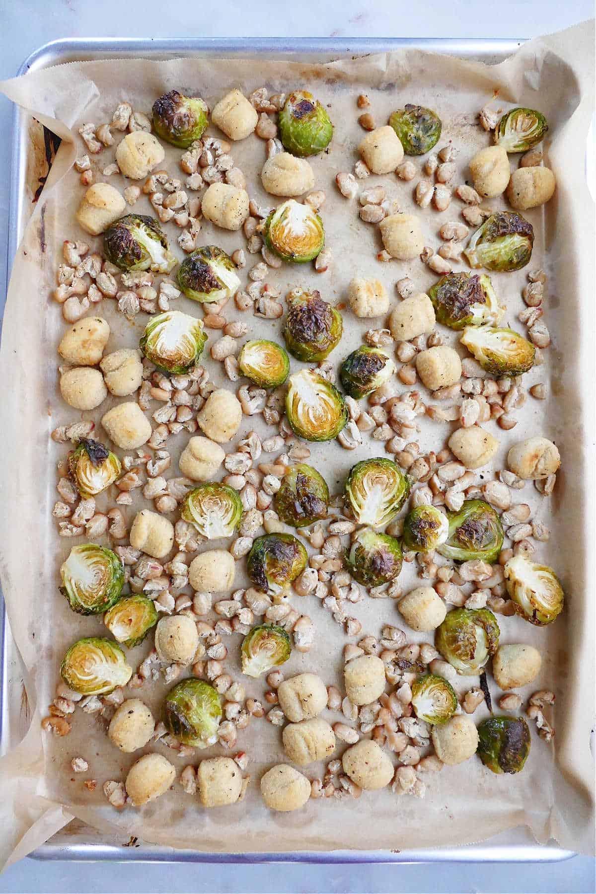roasted Brussels sprouts, gnocchi, and white beans spread out on a lined sheet pan