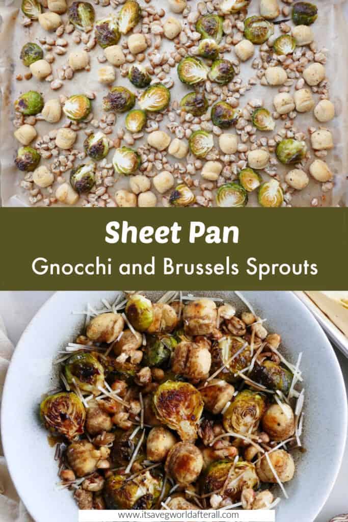 sheet pan meal and Brussels sprouts and gnocchi in a serving bowl separated by text box