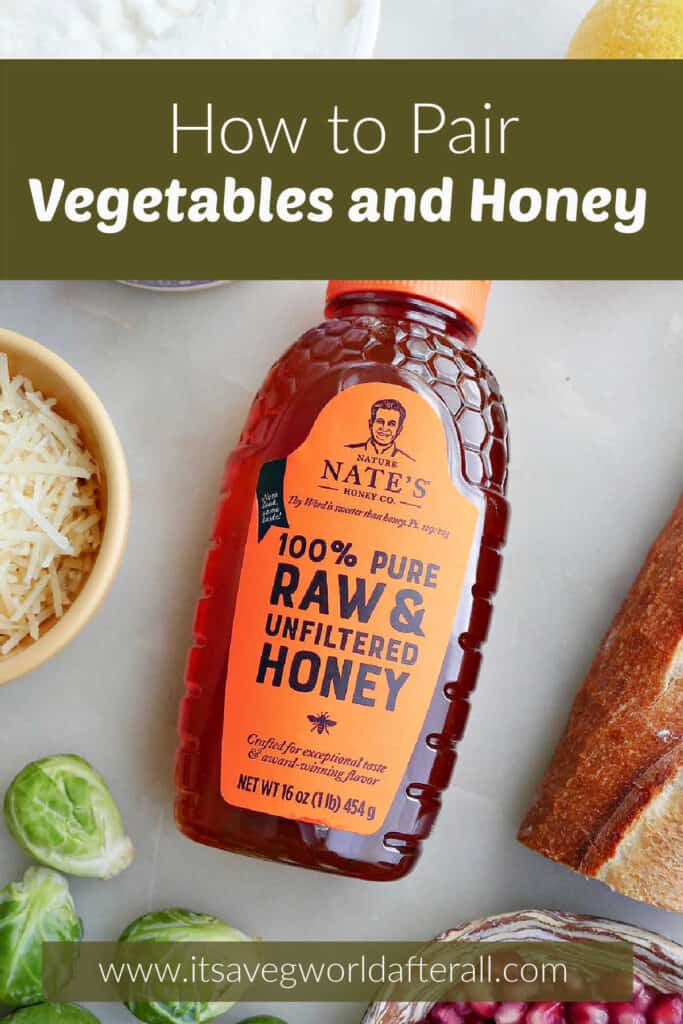 bottle of honey on a counter with text boxes with post title and website name