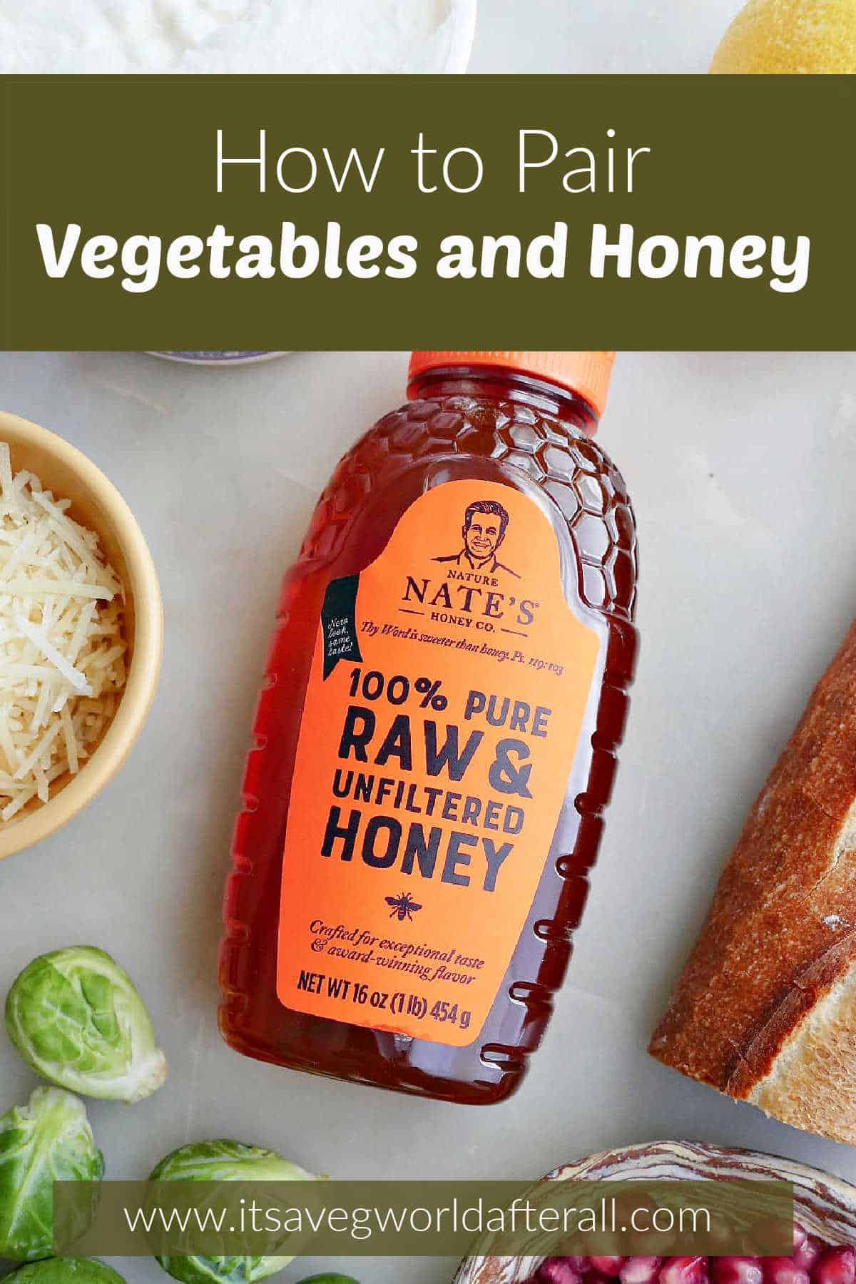 bottle of honey on a counter with text boxes with post title and website name