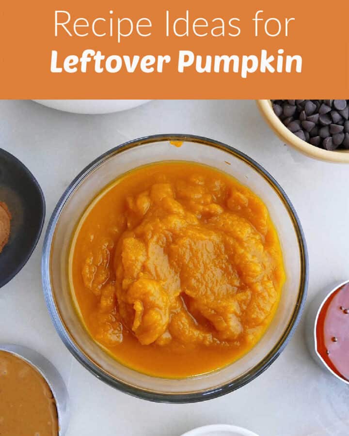 image of pumpkin puree in a glass bowl with text boxes with post name and website