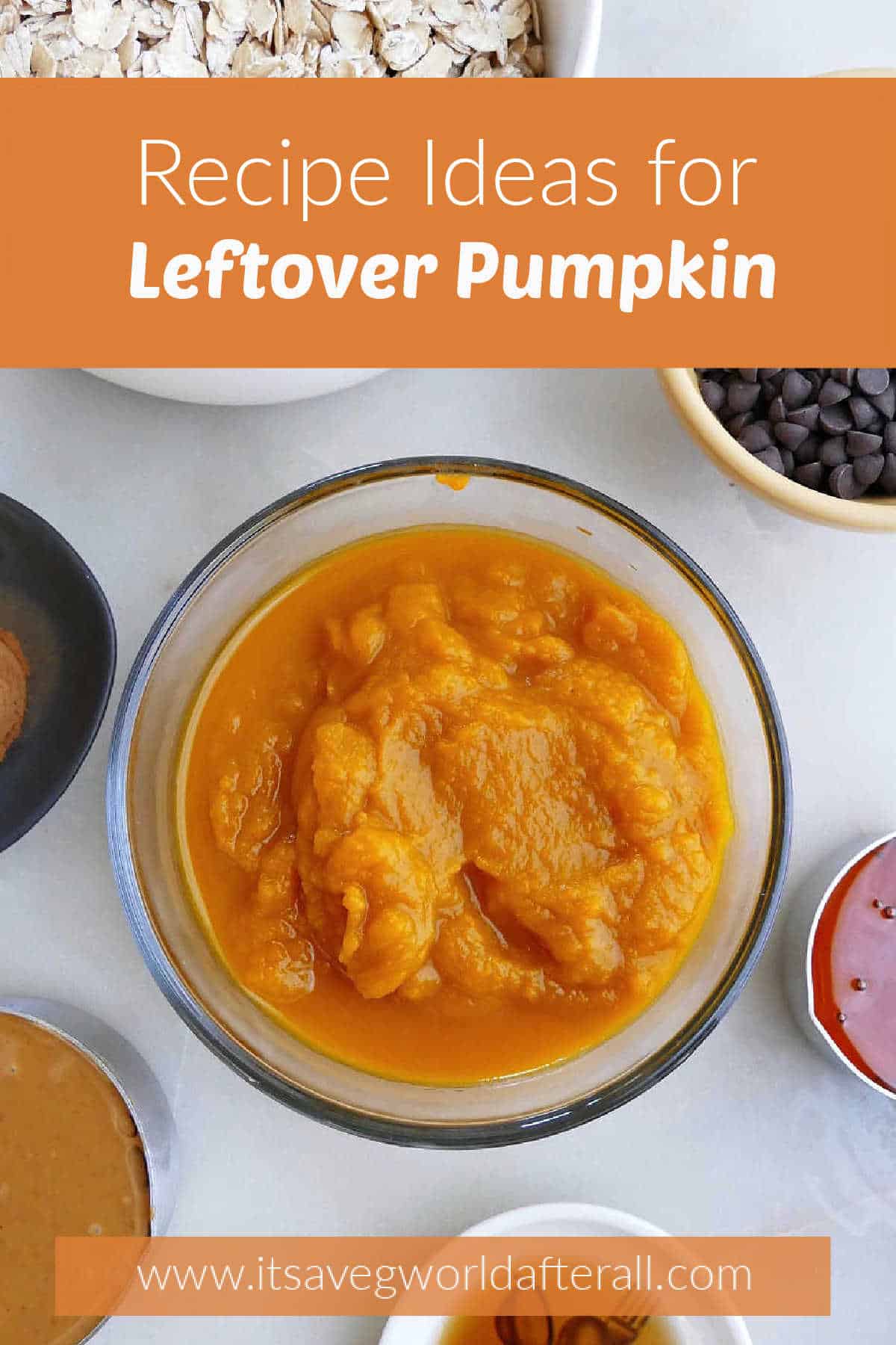 image of pumpkin puree in a glass bowl with text boxes with post name and website