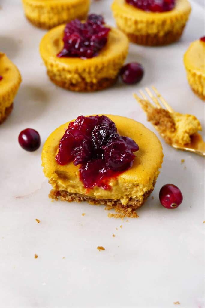 mini cranberry pumpkin cheesecake with graham cracker crust with a bite removed with a fork