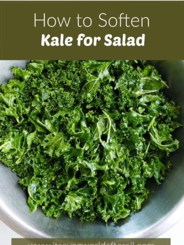 massaged kale in a mixing bowl with text box for post title and website