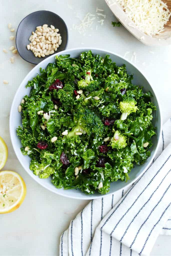 Kale and Broccoli Salad with Lemon Parmesan Dressing - It's a Veg World ...