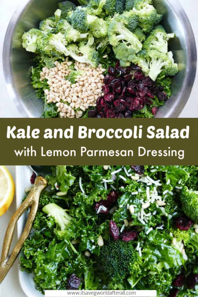 images of kale and broccoli salad separated by text box with recipe name
