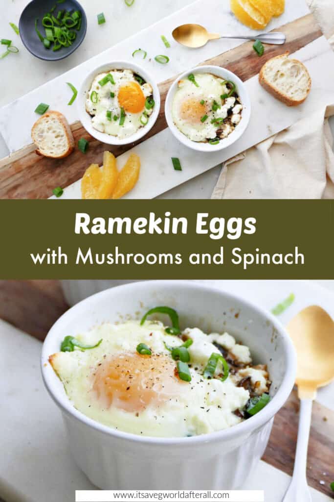 images of baked ramekin eggs separated by text box with recipe name