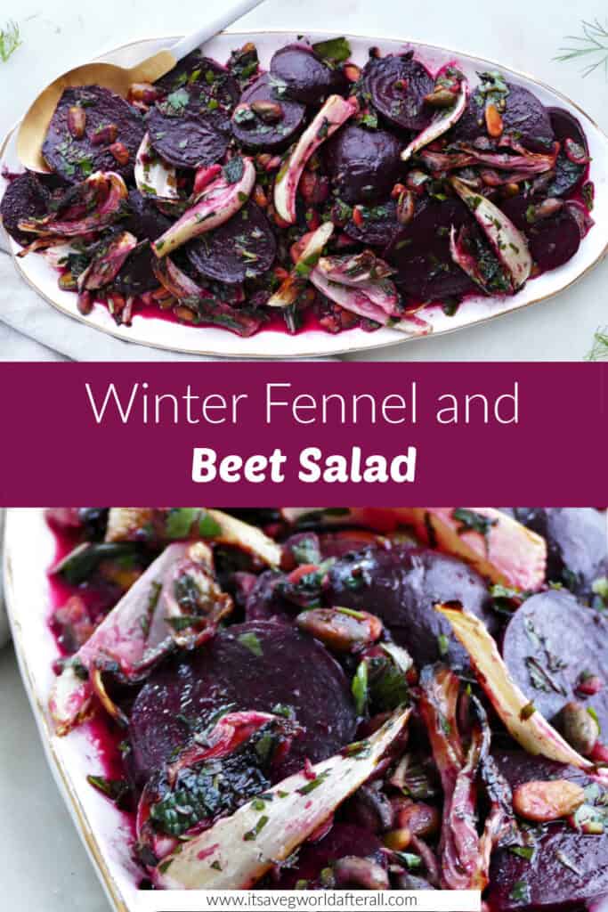 roasted beet and fennel salad on serving dishes separated by a text box with recipe name