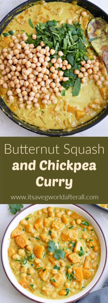 images of butternut squash curry simmering and in a serving bowl separated by text box