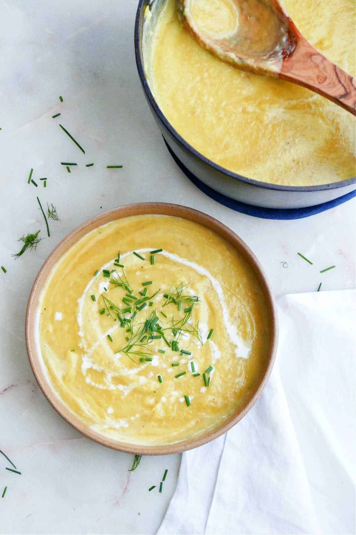 fennel and leek soup topped with chives next to the pot with a ladle