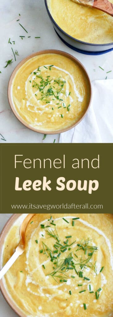 images of fennel and leek soup separated by green text box with recipe title