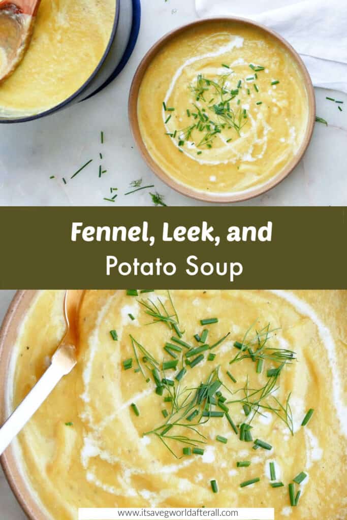 images of fennel and leek soup separated by green text box with recipe title