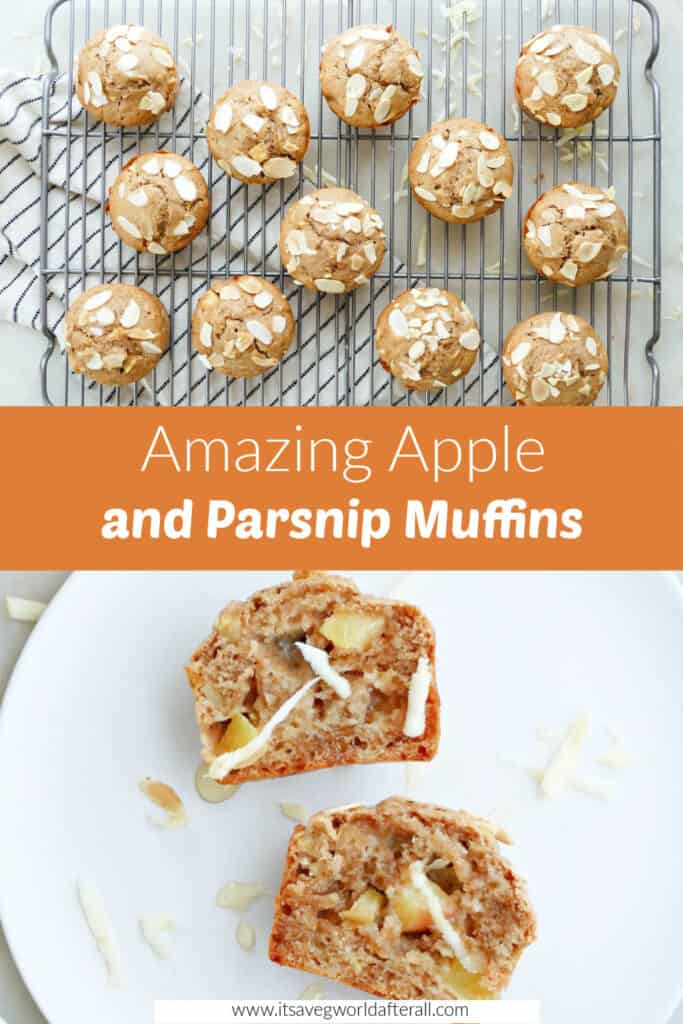 images of apple parsnip muffins separated by orange text box with recipe title