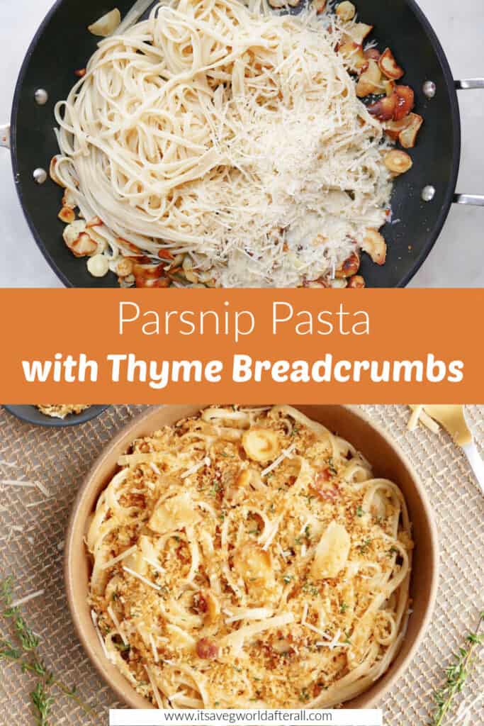 images of parsnip pasta cooking and in a serving bowl separated by text box with recipe title