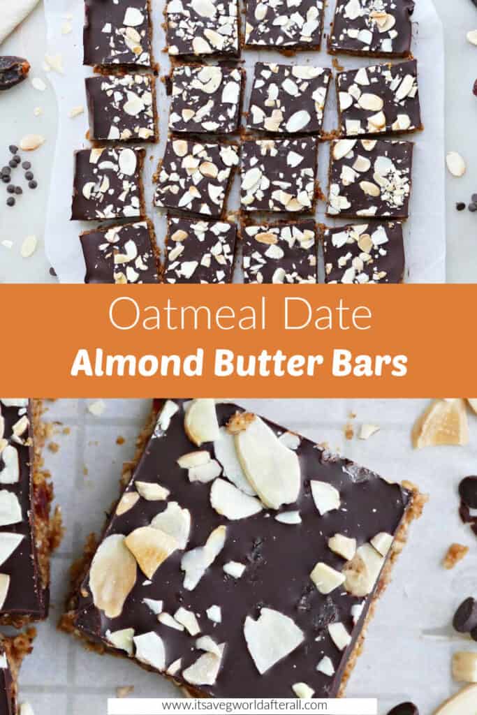 oatmeal date almond butter bars separated by orange text box with recipe title