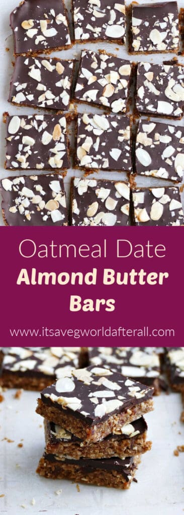 oatmeal date almond butter bars separated by purple text box with recipe title