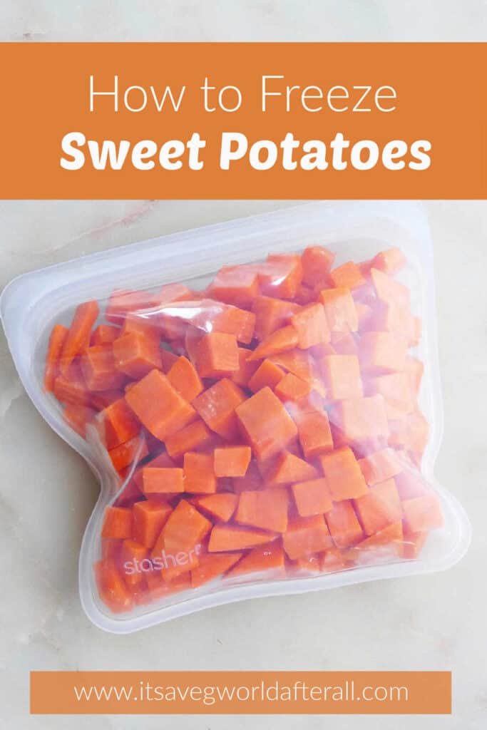 frozen sweet potato cubes in a silicone bag with text box with post title