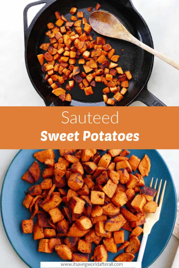 images of sauteed sweet potatoes separated by a text box with recipe title