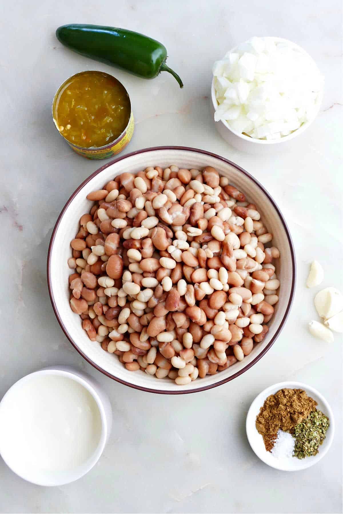 jalapeno, green chiles, onion, pinto and navy beans, sour cream, and spices on a counter
