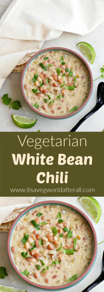 white bean chili in serving bowls separated by text box with recipe name