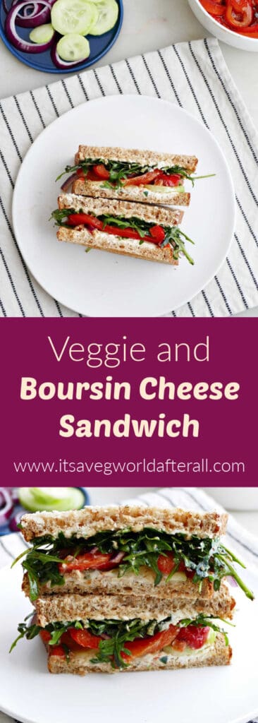 veggie and cheese sandwich on a plate separated by text box with recipe title
