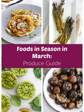 collage of recipes using March vegetables with a text box with post title