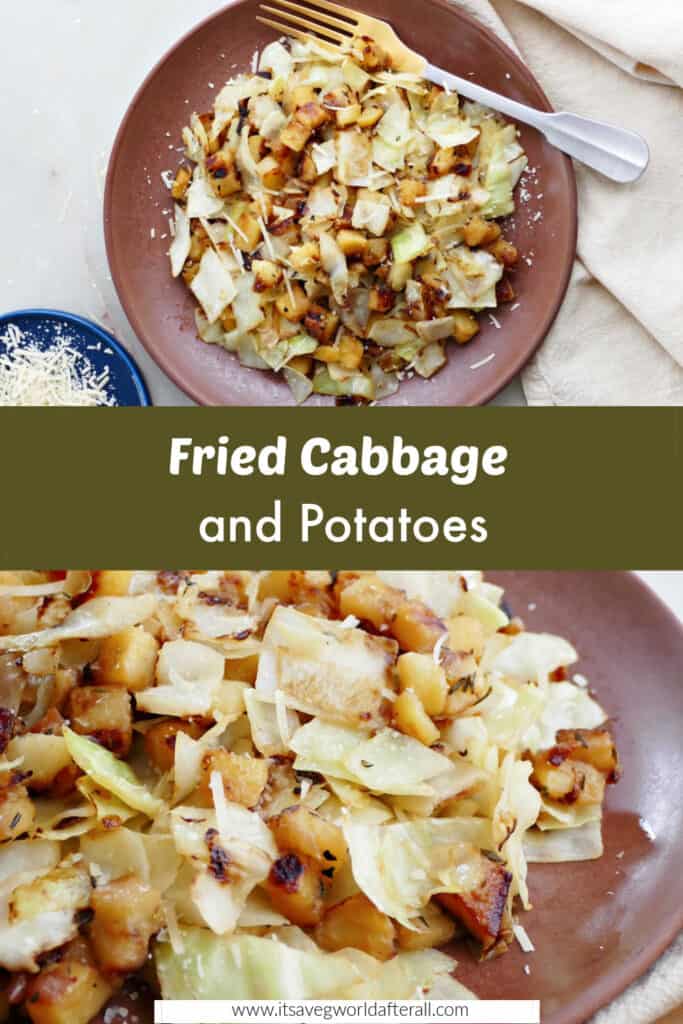 images of fried cabbage and potatoes on serving plates separated by text box with recipe title