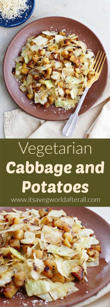 fried cabbage and potatoes on a serving dish with green text box with recipe title