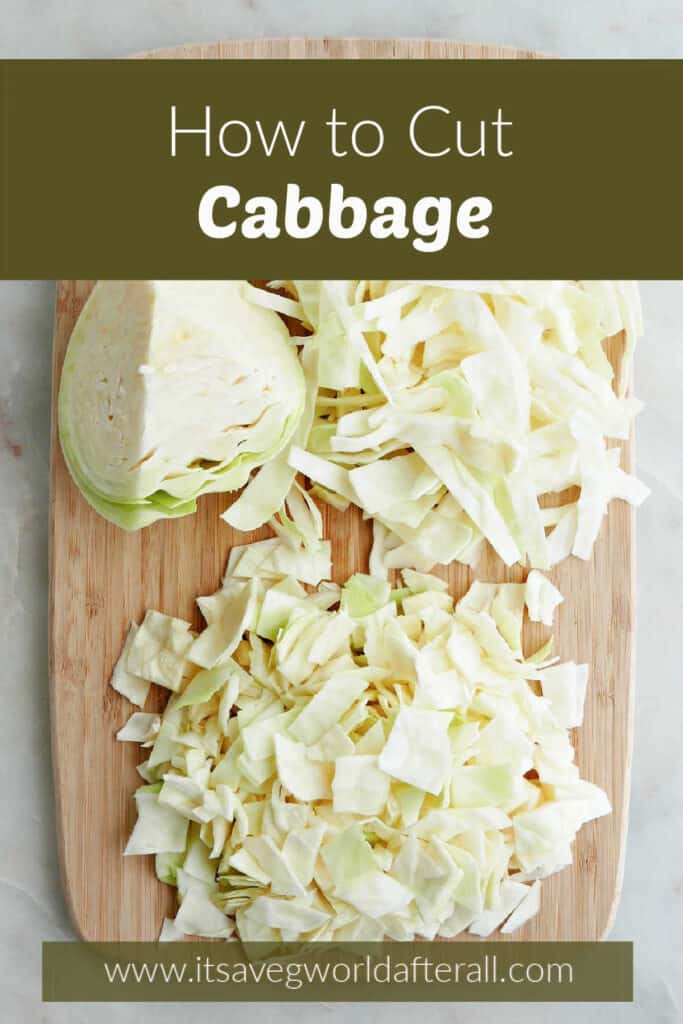 cabbage sliced into different styles on a cutting board with text boxes with post and website name