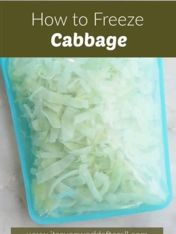 shredded cabbage in a large silicone freezer bag with text box with post title and website name